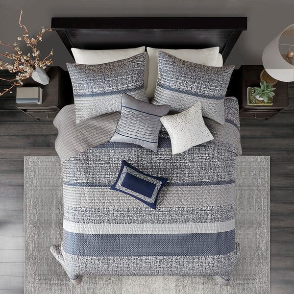 English Elm 6 Piece Reversible Jacquard Quilt Set Navy Grey Striped Chic King/Cal King with 3 Embroidered Pillows B03597590