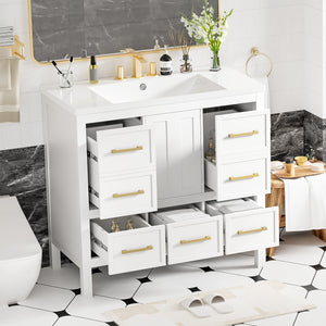 English Elm 36'' Bathroom Vanity with Resin Sink, Solid Wood Frame, 5 Drawers, Soft-Close Doors, Gold Knobs, Spacious Storage White SW000142AAK-1
