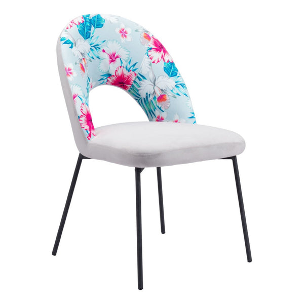 HomeRoots Set of Two Tropical Floral Velvet & Steel Dining Chairs - Modern, Stylish Comfort for Any Space 555801