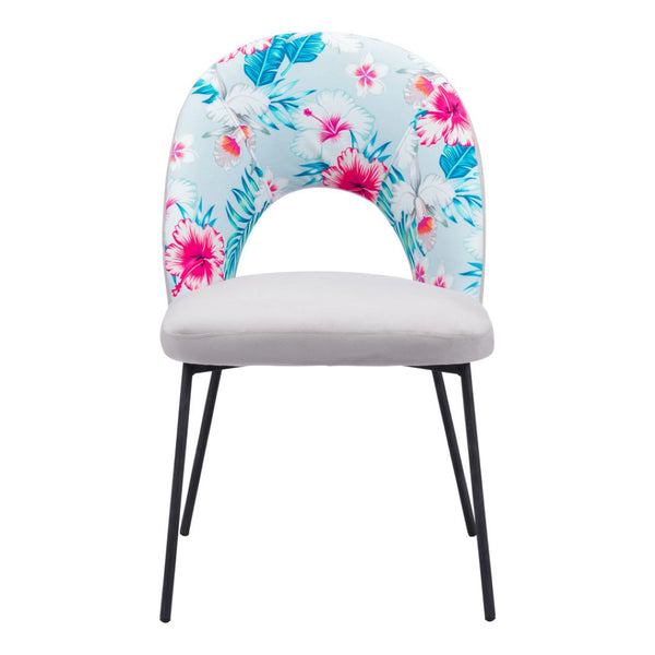 HomeRoots Set of Two Tropical Floral Velvet & Steel Dining Chairs - Modern, Stylish Comfort for Any Space 555801