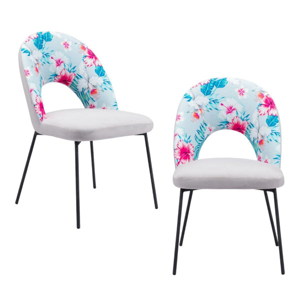 HomeRoots Set of Two Tropical Floral Velvet & Steel Dining Chairs - Modern, Stylish Comfort for Any Space 555801