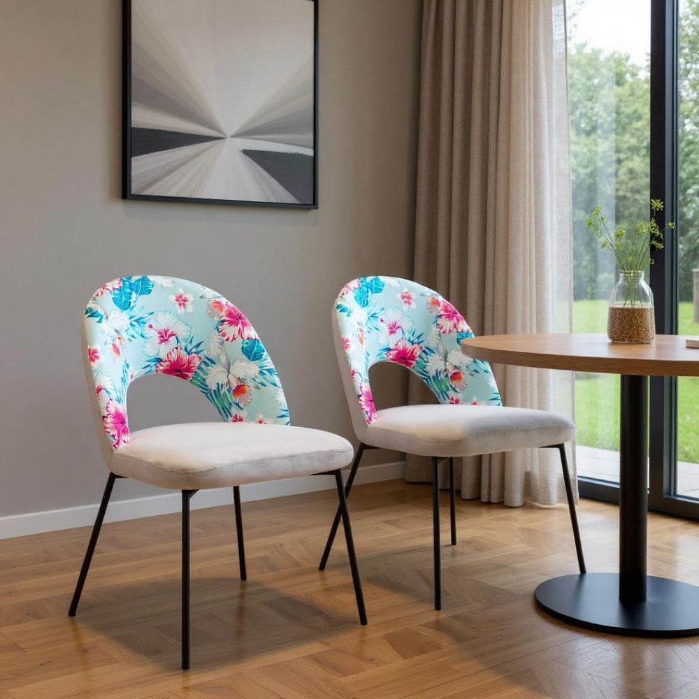 HomeRoots Set of Two Tropical Floral Velvet & Steel Dining Chairs - Modern, Stylish Comfort for Any Space 555801