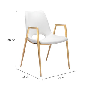 HomeRoots Set of Two Elegant White and Gold Faux Leather Dining Arm Chairs for Modern Home Décor & Comfort 555816