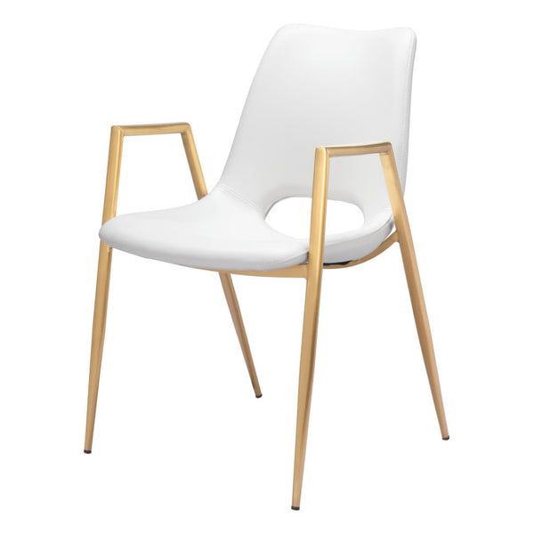 HomeRoots Set of Two Elegant White and Gold Faux Leather Dining Arm Chairs for Modern Home Décor & Comfort 555816