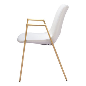 HomeRoots Set of Two Elegant White and Gold Faux Leather Dining Arm Chairs for Modern Home Décor & Comfort 555816