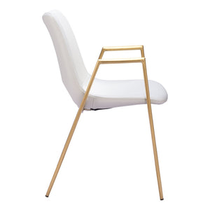 HomeRoots Set of Two Elegant White and Gold Faux Leather Dining Arm Chairs for Modern Home Décor & Comfort 555816