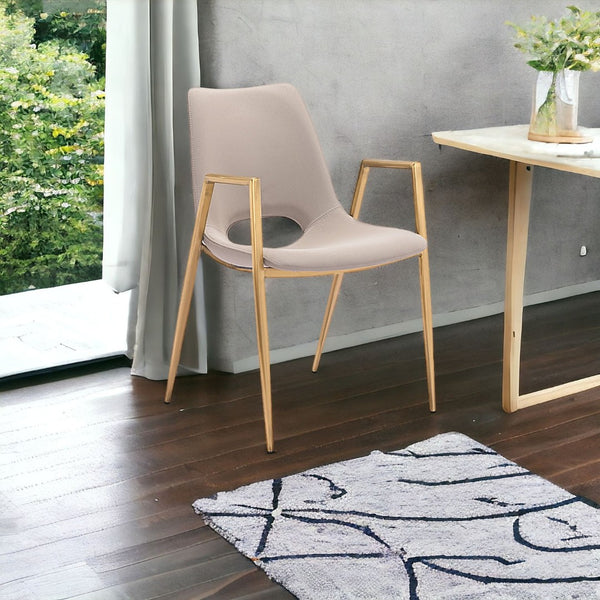 HomeRoots Set of Two Elegant Beige & Gold Upholstered Faux Leather Dining Arm Chairs for Stylish Comfort 555819