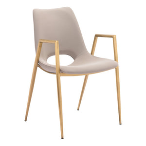 HomeRoots Set of Two Elegant Beige & Gold Upholstered Faux Leather Dining Arm Chairs for Stylish Comfort 555819