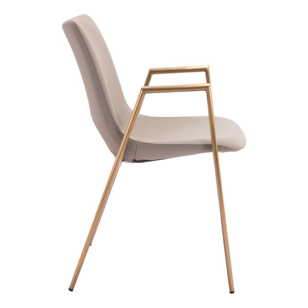 HomeRoots Set of Two Elegant Beige & Gold Upholstered Faux Leather Dining Arm Chairs for Stylish Comfort 555819