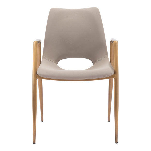 HomeRoots Set of Two Elegant Beige & Gold Upholstered Faux Leather Dining Arm Chairs for Stylish Comfort 555819