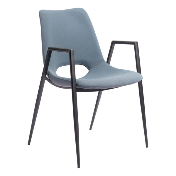 HomeRoots Set of Two Modern Blue and Black Upholstered Faux Leather Dining Arm Chairs for Stylish Comfort 555821