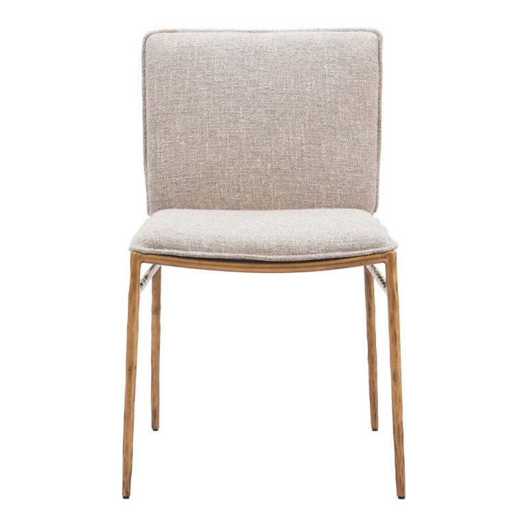 HomeRoots Beige Upholstered Steel Frame Dining Chair with Gold Accents for Modern Interiors 555847