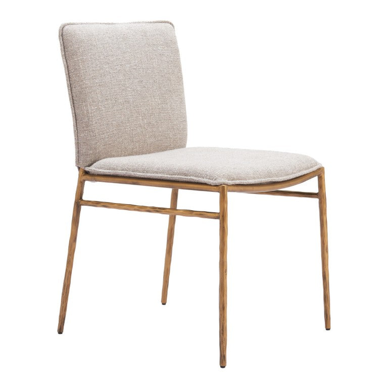 HomeRoots Beige Upholstered Steel Frame Dining Chair with Gold Accents for Modern Interiors 555847