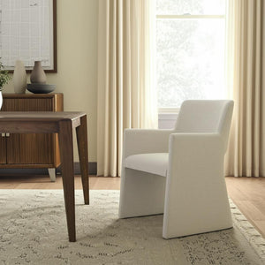 Homeroots White Upholstered Faux Linen Dining Arm Chair - Stylish Comfort For Any Room, Perfect For Dining!   555848