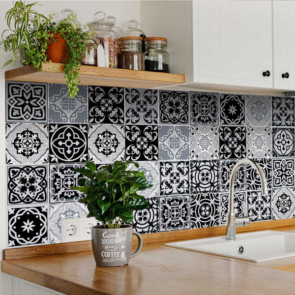Homeroots 12" Black, White & Gray Mosaic Peel And Stick Tiles - Versatile Decor For Stylish Room Transformations 12" X 12" Vinyl 555888