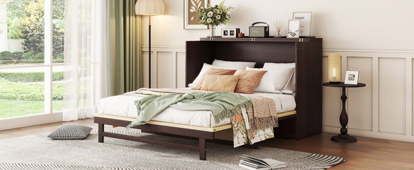 English Elm Queen Size Murphy Bed - Elegant Pine Cabinet With Rattan Accents, Espresso Finish & Storage Drawer W504S00230-GIGA