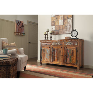 English Elm Mankato Reclaimed Wood farmhouse industrial 3-drawer 3-door accent cabinet with distressed charm and storage B062P353467