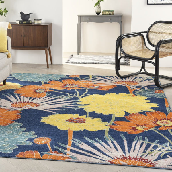 HomeRoots 9' Blue Botanical Leaves Area Rug - Stylish Power Loomed Design for Living Rooms & High-Traffic Areas 9' X 12' 555927