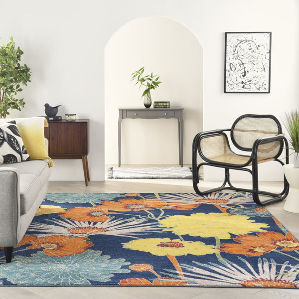 HomeRoots 9' Blue Botanical Leaves Area Rug - Stylish Power Loomed Design for Living Rooms & High-Traffic Areas 9' X 12' 555927