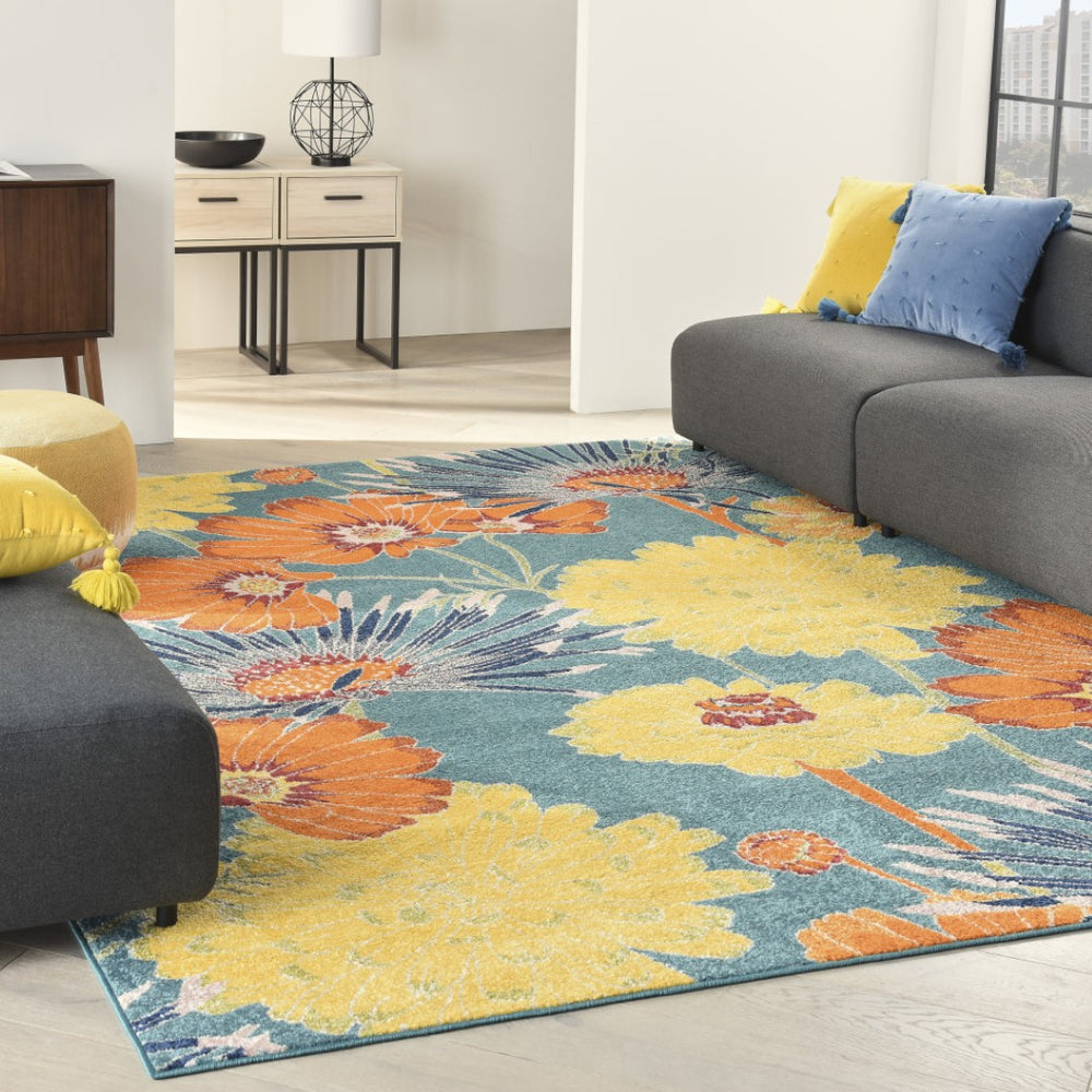 HomeRoots 9' Blue Botanical Leaves Area Rug - Elegant Power Loom Construction for Modern Living Spaces 9' X 12' 555928
