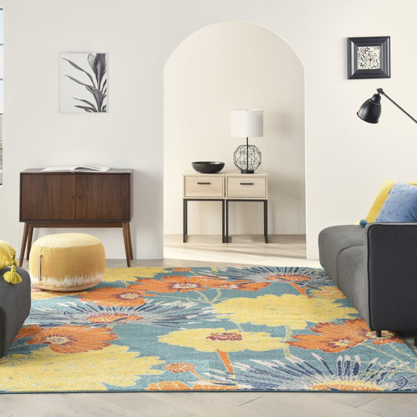 HomeRoots 9' Blue Botanical Leaves Area Rug - Elegant Power Loom Construction for Modern Living Spaces 9' X 12' 555928