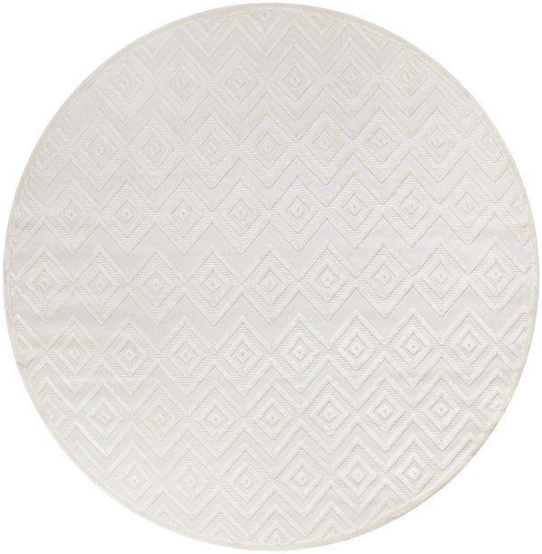 HomeRoots 10' Ivory and White Round Geometric Area Rug – Stylish, Durable, Easy-Clean for Indoor/Outdoor Use! 555945