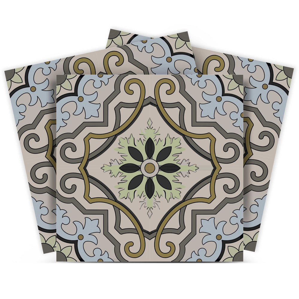 Homeroots 12" Taupe And Blue Scroll Peel And Stick Tiles - Transform Any Space With Easy Application & Style! 12" X 12" Vinyl 555952