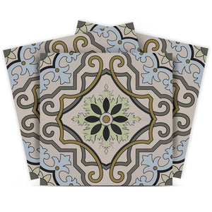 Homeroots 12" Taupe And Blue Scroll Peel And Stick Tiles - Transform Any Space With Easy Application & Style! 12" X 12" Vinyl 555952