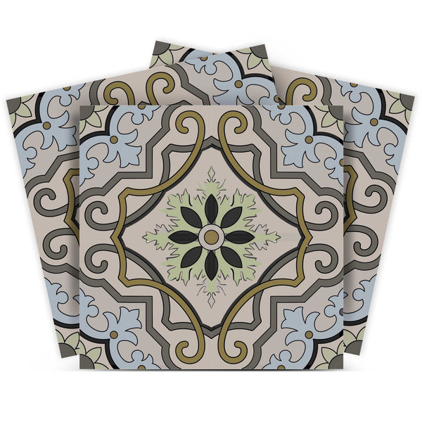 Homeroots 12" Taupe And Blue Scroll Peel And Stick Tiles - Transform Any Space With Easy Application & Style! 12" X 12" Vinyl 555952