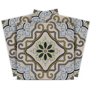 Homeroots 12" Taupe And Blue Scroll Peel And Stick Tiles - Transform Any Space With Easy Application & Style! 12" X 12" Vinyl 555952