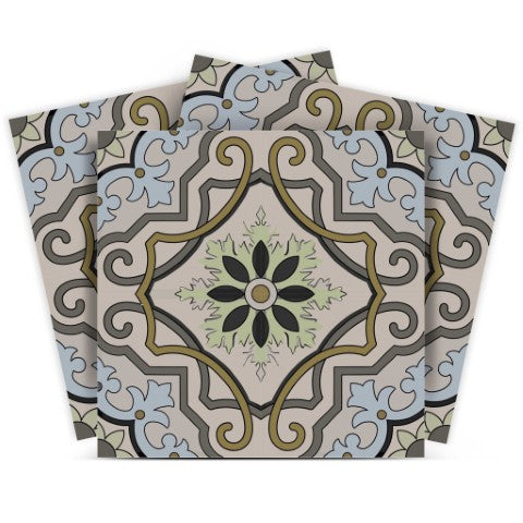 Homeroots 12" Taupe And Blue Scroll Peel And Stick Tiles - Transform Any Space With Easy Application & Style! 12" X 12" Vinyl 555952