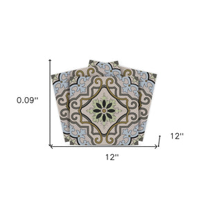 Homeroots 12" Taupe And Blue Scroll Peel And Stick Tiles - Transform Any Space With Easy Application & Style! 12" X 12" Vinyl 555952