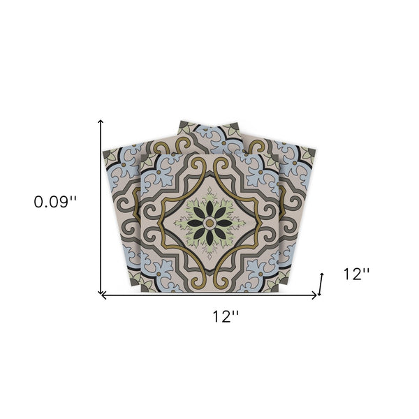 Homeroots 12" Taupe And Blue Scroll Peel And Stick Tiles - Transform Any Space With Easy Application & Style! 12" X 12" Vinyl 555952