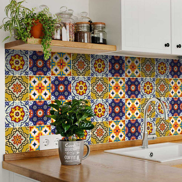 Homeroots 12" Blue And Yellow Mosaic Peel And Stick Tiles – Vibrant, Removable Decor For Effortless Makeovers! 12" X 12" Vinyl 555956