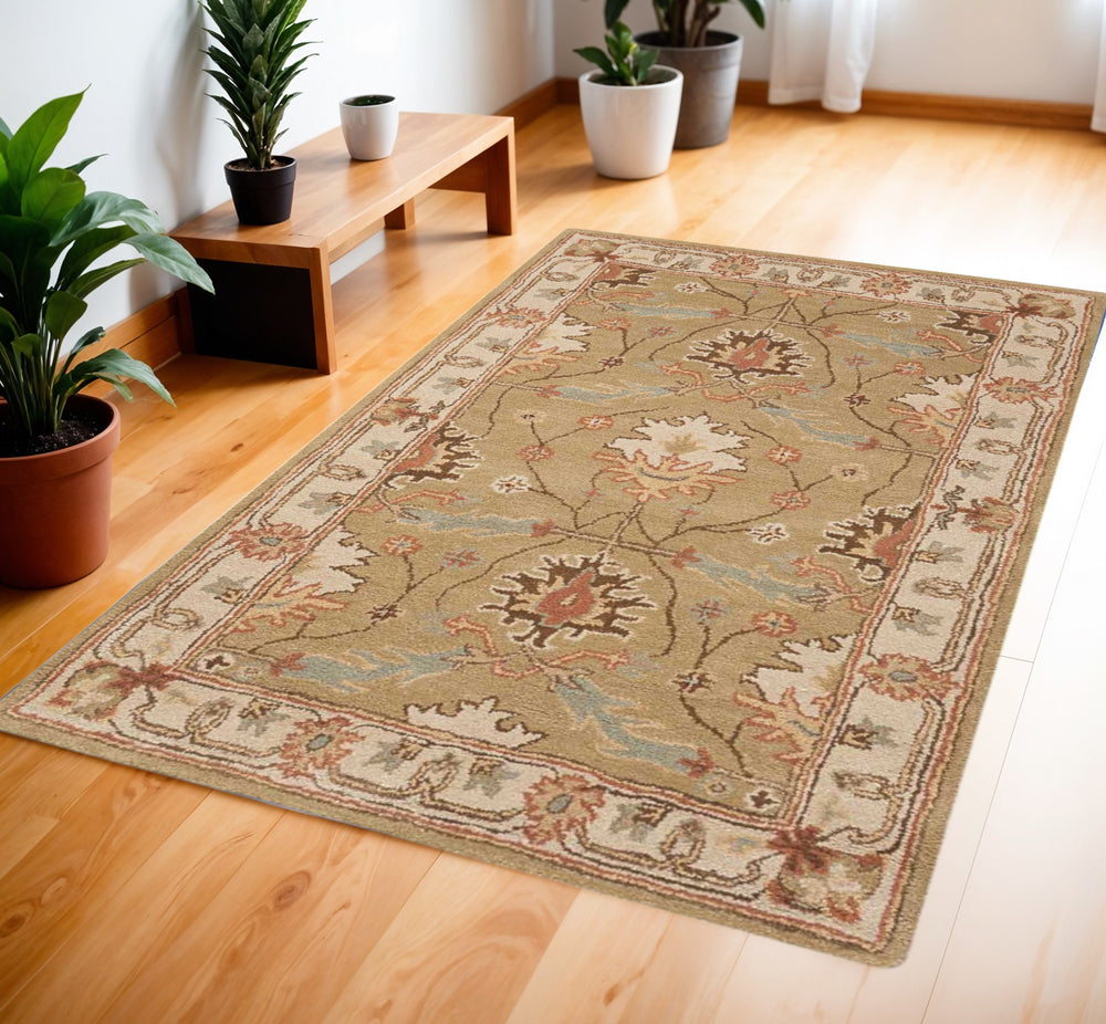 Homeroots 5' X 8' Ivory Sage And Tan Wool Floral Area Rug  Wool 555995
