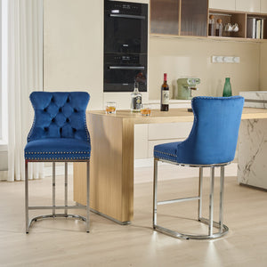 English Elm 25" High Back Velvet Counter Stools Set of 2 with Deep Button Tufting, Spring-Cushion Comfort & Chrome Base Blue W1143P217852