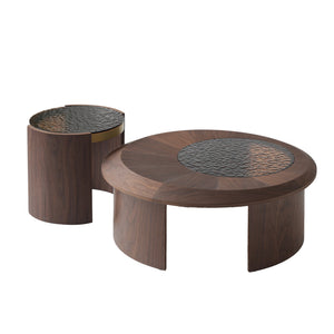 English Elm Tavola Modern Round Coffee Table Set with Walnut Veneer & Ripple Glass—Sturdy Two-Piece, Scratch-Resistant B341P321122