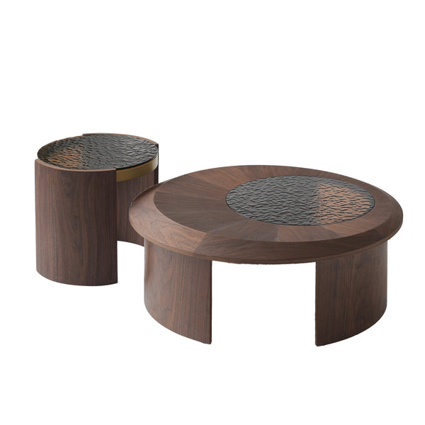 English Elm Tavola Modern Round Coffee Table Set with Walnut Veneer & Ripple Glass—Sturdy Two-Piece, Scratch-Resistant B341P321122