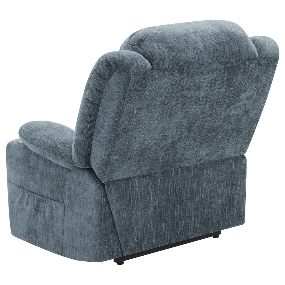 English Elm Beca Slate Blue Upholstered Power Lift Recliner with USB, Cupholders, Plush Channeling & Pillow Arms — Cozy Movie Night Comfort B062P378402