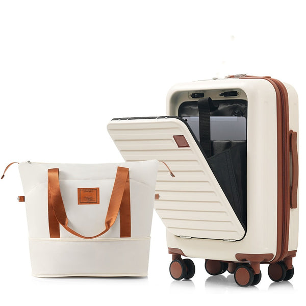 English Elm Front Opening Abs Hard Shell Carry on Set with Usb Port Cup Holder and Spinner Wheels Ivory N726P268998O