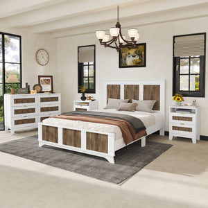 English Elm 4-Pieces Queen Platform Bed Set with Storage Nightstands & Dresser, Wooden Strip Accent, Modern Farmhouse Elegance White 52.17 L x 18.5 W x 11.81 H HL000191AAK
