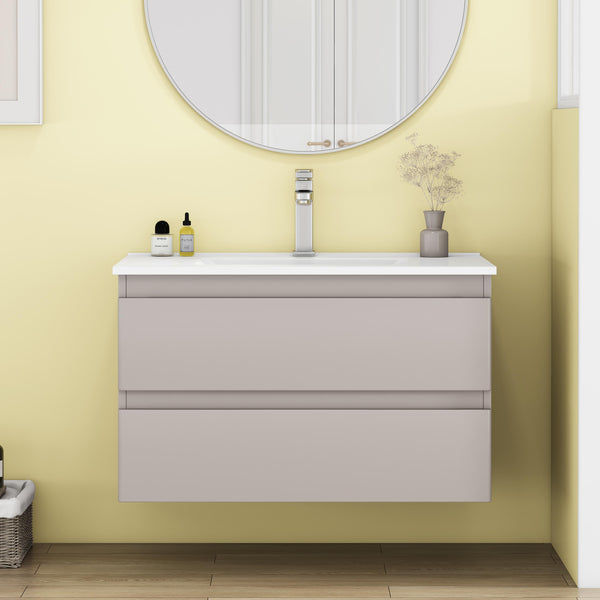 English Elm 32-Inch Wall-Mounted Bathroom Vanity With Soft-Close Drawers, Ceramic Sink & Modern Mocha Gray Finish W3151S00048