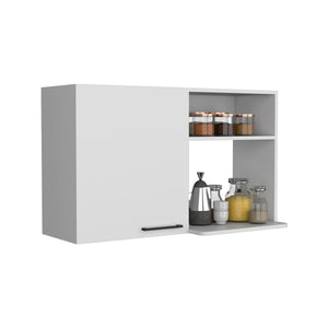 English Elm Napoles Wall Cabinet with Single Door & 2 Open Shelves, White Particleboard, Metal Handles, Space-Saving Design B200P242414