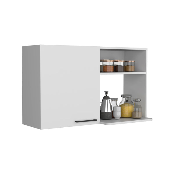 English Elm Napoles Wall Cabinet with Single Door & 2 Open Shelves, White Particleboard, Metal Handles, Space-Saving Design B200P242414