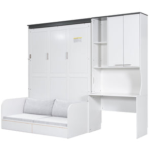 English Elm Multi-functional Queen Murphy Bed with Sofa Desk and Cabinet White Wood Frame N7090000606K-1