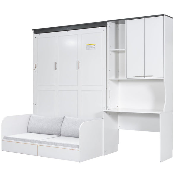 English Elm Multi-functional Queen Murphy Bed with Sofa Desk and Cabinet White Wood Frame N7090000606K-1