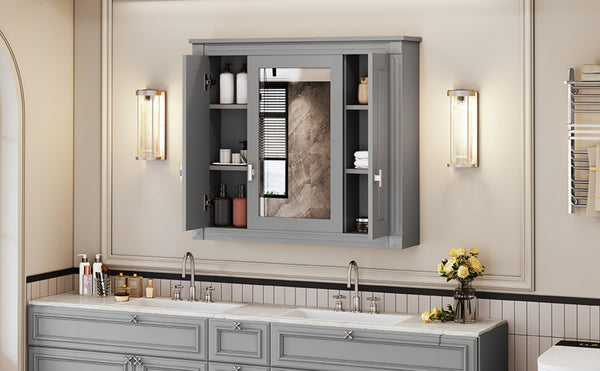 English Elm Bathroom Wall Cabinet Mirrored Mdf Three Door Over Toilet Gray Storage Unit N710P252503E