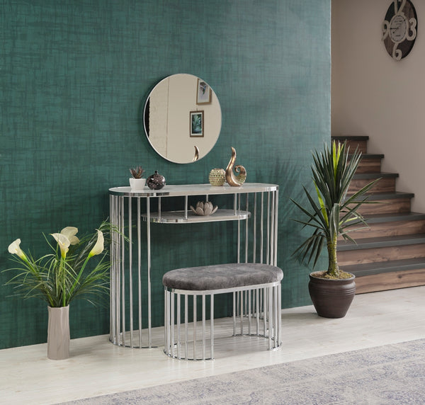 English Elm Garry Oval Fabric Ottoman with Chrome Legs — Plush Upholstery, Compact Modern Seat for Living Spaces Grey B029P333529