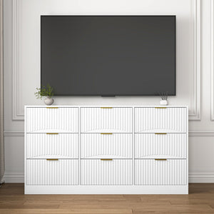 English Elm Black Nine Drawer Wide Dresser Matte Wood Chest with Wavy Relief Panels Bedroom Storage White W409P307539