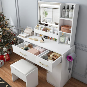 English Elm Vanity Desk with Led Mirror Touch Light Power Outlet Drawers and Storage Stool W2700P342538